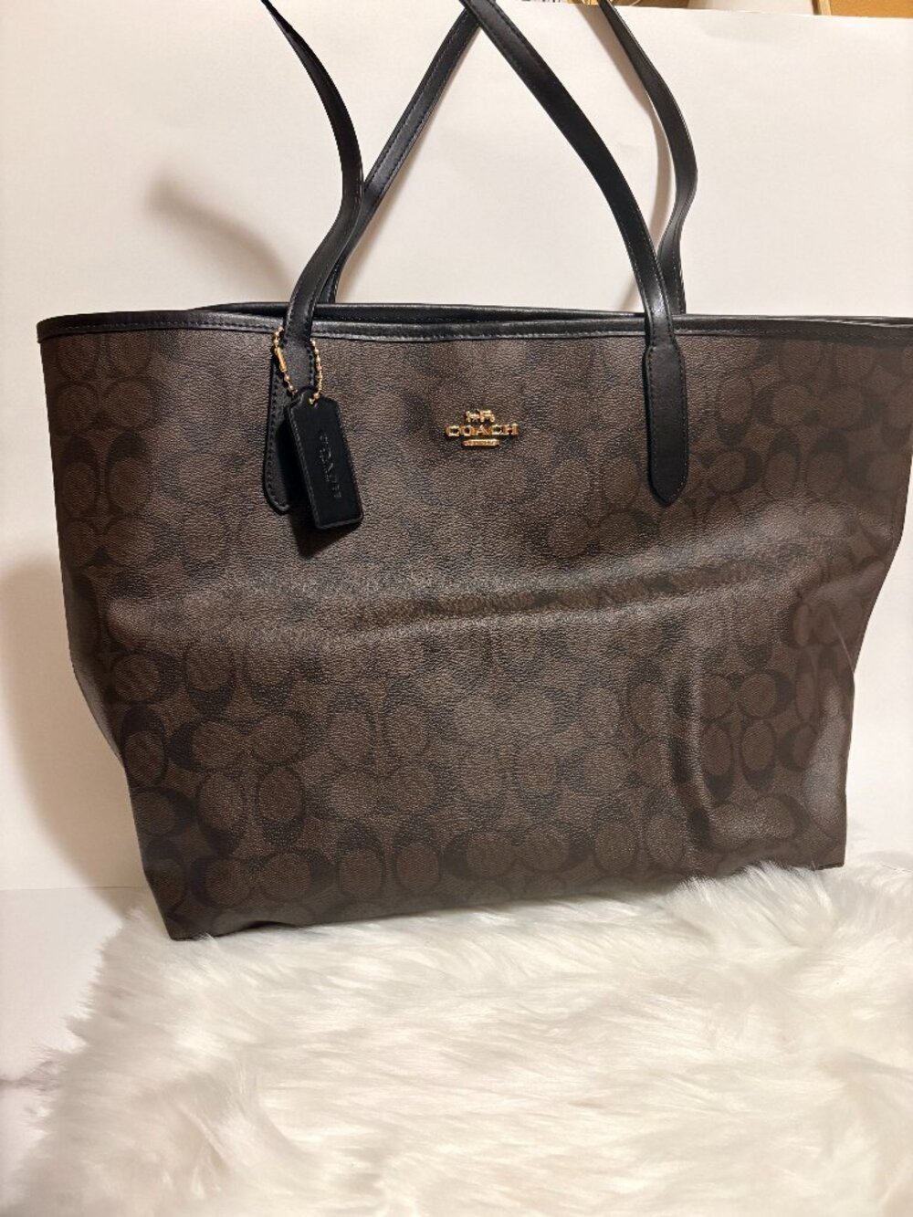 NWT Coach City Tote Signature Canvas Brown Black Leather Trim Style 5696